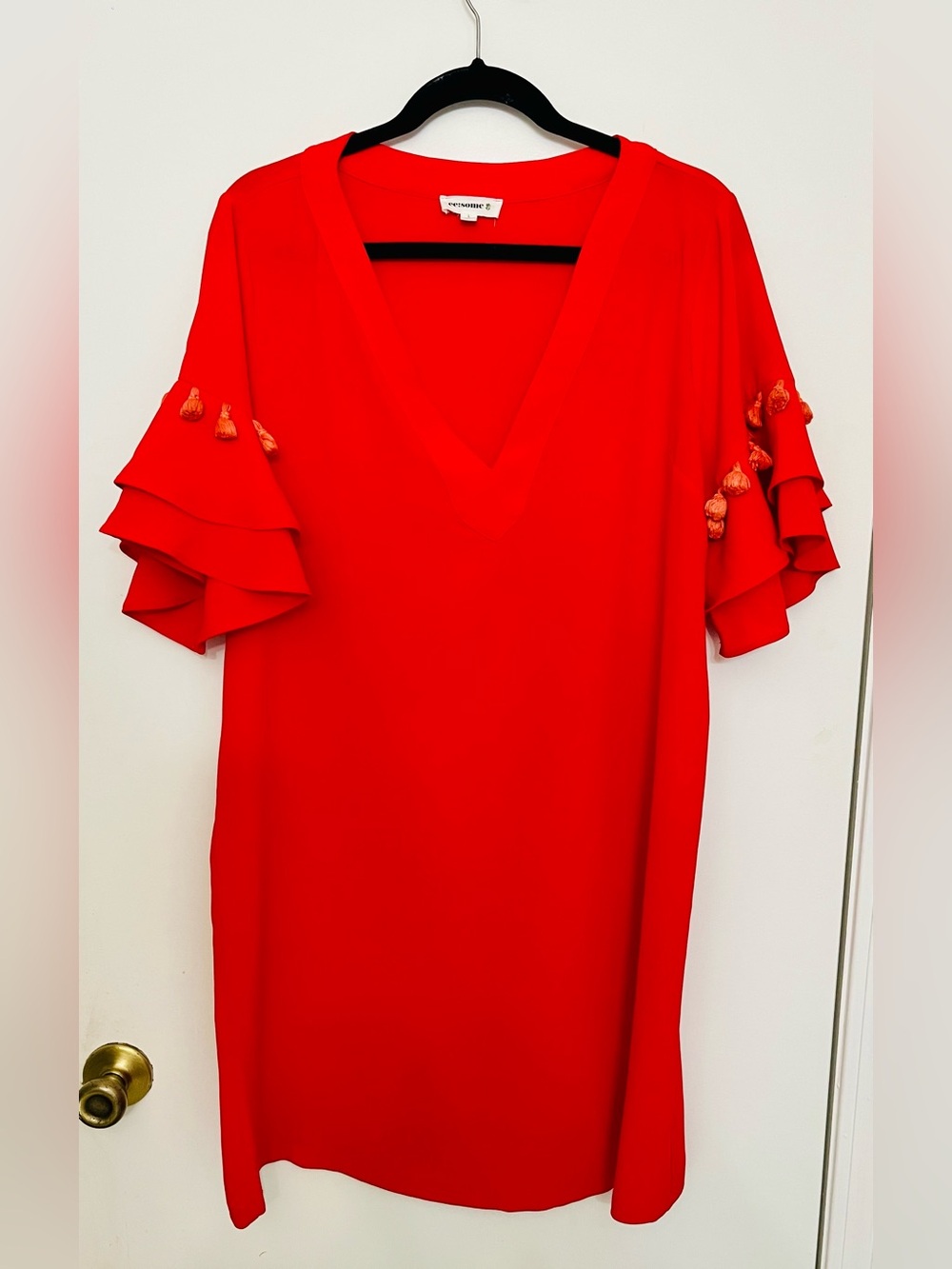 ☀️SUMMER ITEM☀️ee:some Red V-Neck Mini Dress w/Ruffles & Pom-Pom/tassels